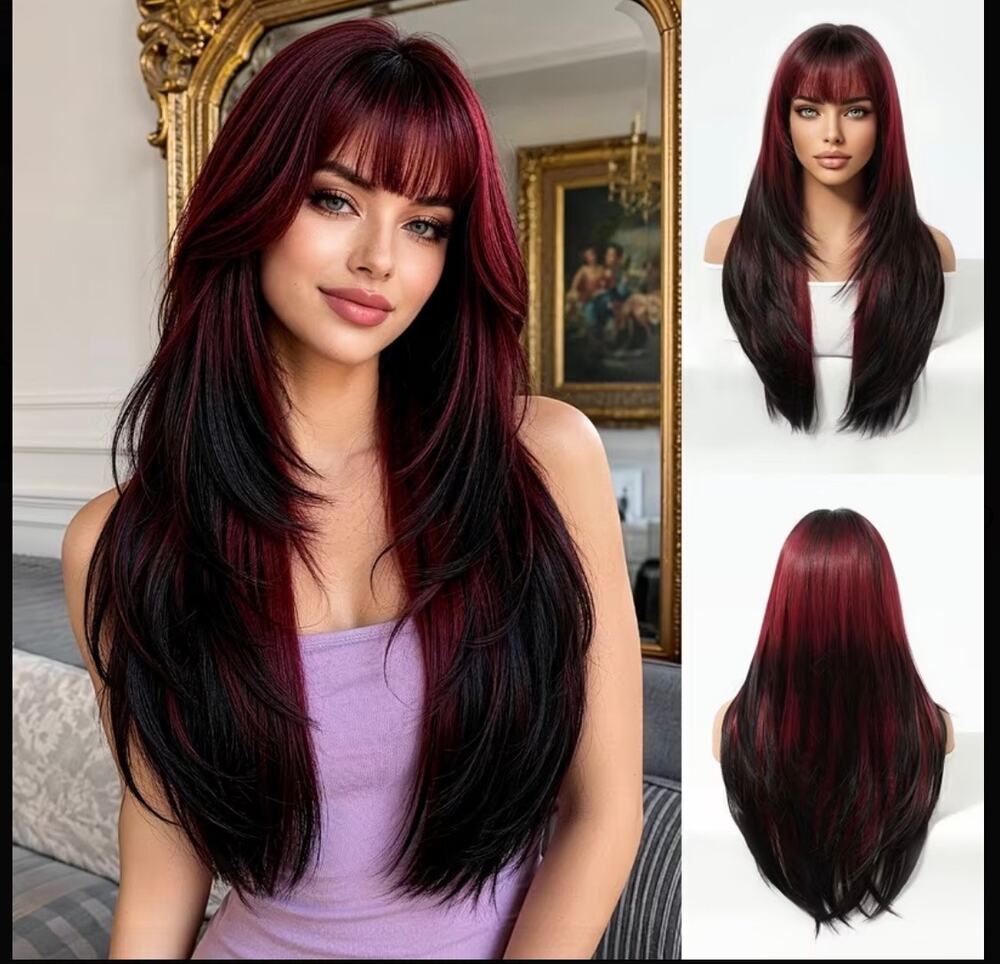 26” Jet-black with Burgundy Highlights synthetic wig Brand